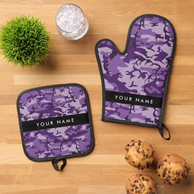 Purple Camouflage Your name Personalise Oven Mitt & Pot Holder Set (Top Down)