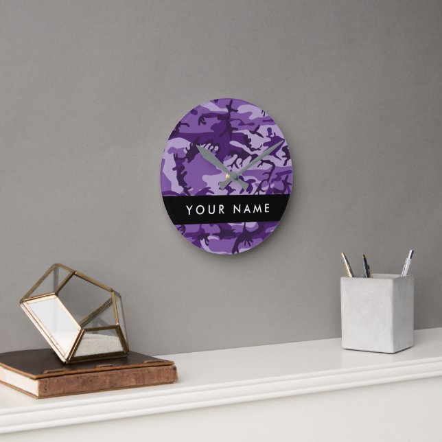 Purple Camouflage Your name Personalise Round Clock (Office)