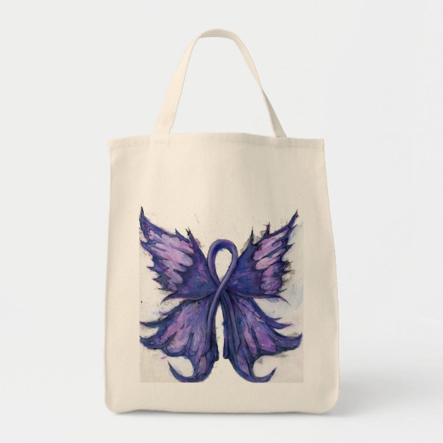 Purple Cancer Ribbon with Butterfly Wings Tote Bag (Front)