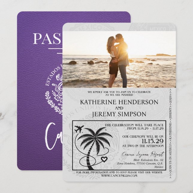 Purple Cancun Passport Wedding Invitation (Front/Back)