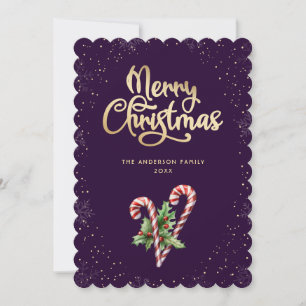 Purple Candy Cane Holly Berries Christmas Holiday Card