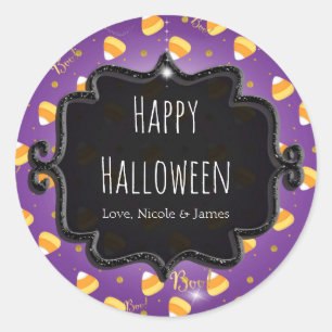 Purple Candy Corn & Gold Dots Whimsical Halloween Classic Round Sticker