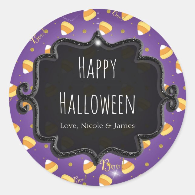 Purple Candy Corn & Gold Dots Whimsical Halloween Classic Round Sticker (Front)
