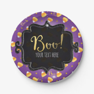 Purple Candy Corn & Gold Dots Whimsical Halloween Paper Plate