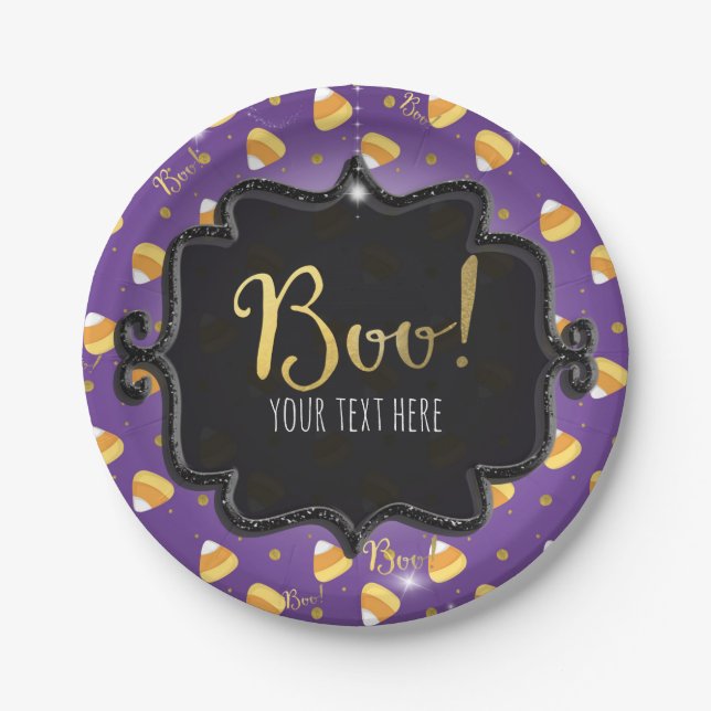 Purple Candy Corn & Gold Dots Whimsical Halloween Paper Plate (Front)