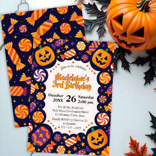 Purple Candy Pumpkin Kids Halloween Birthday Invitation