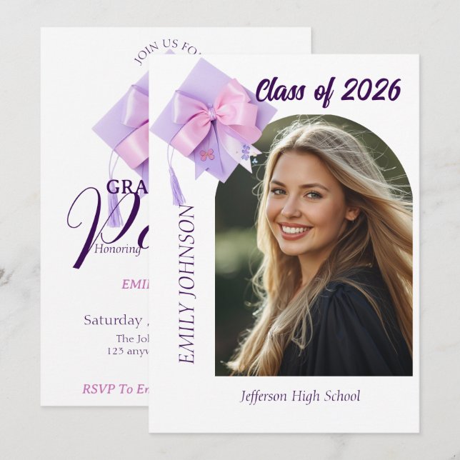 Purple Cap Photo Graduation Party Invitation (Front/Back)