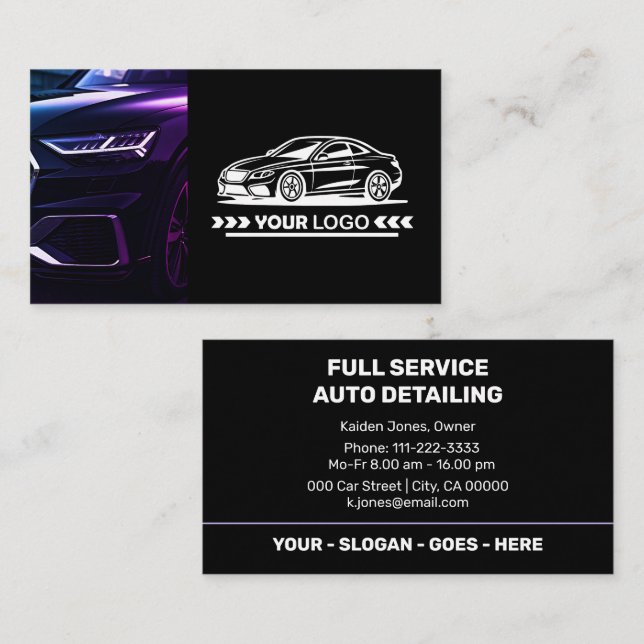 Purple Car Service Auto Detailing Minimalistic Business Card (Front/Back)
