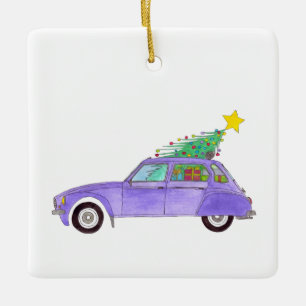 Purple Car with Christmas Gifts Ceramic Ornament