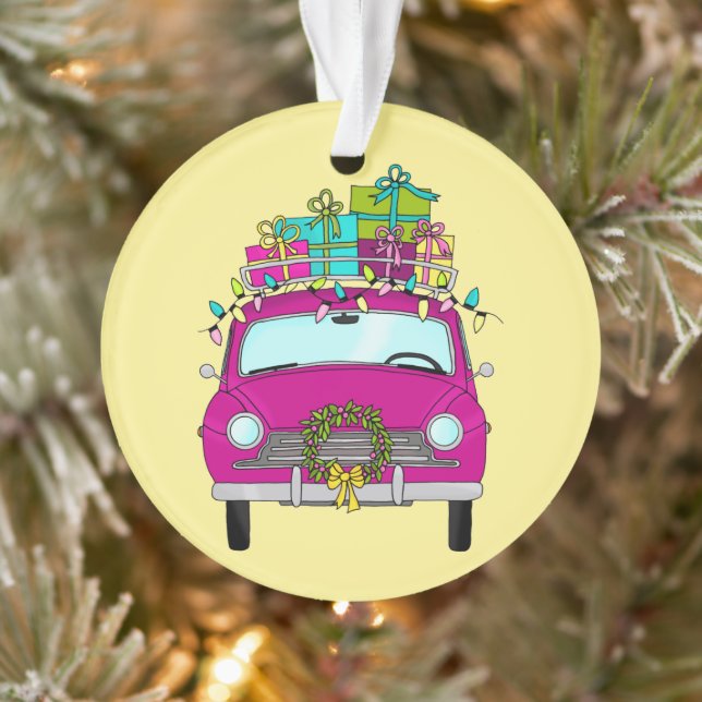 Purple Car with Christmas Gifts Ornament (Tree)