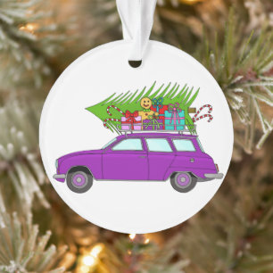 Purple Car with Christmas Gifts Ornament