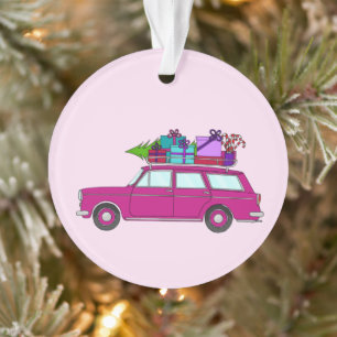 Purple Car with Christmas Gifts Ornament