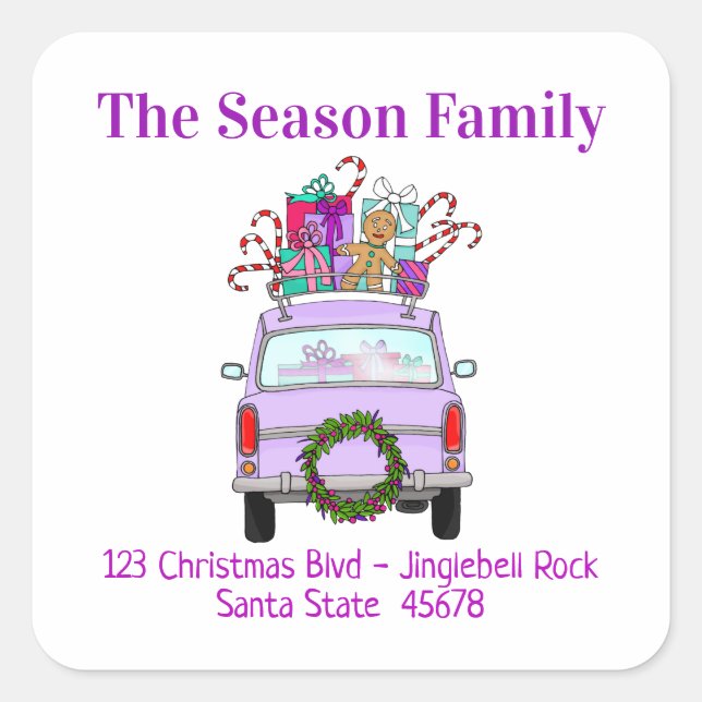Purple Car with Christmas Gifts Square Sticker (Front)