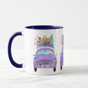 Purple Car with Christmas Gifts Watercolor Mug