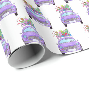 Purple Car with Christmas Gifts Watercolor Wrapping Paper