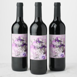 Purple Cardinal Birds in A Crystal Wine Glass Wine Label
