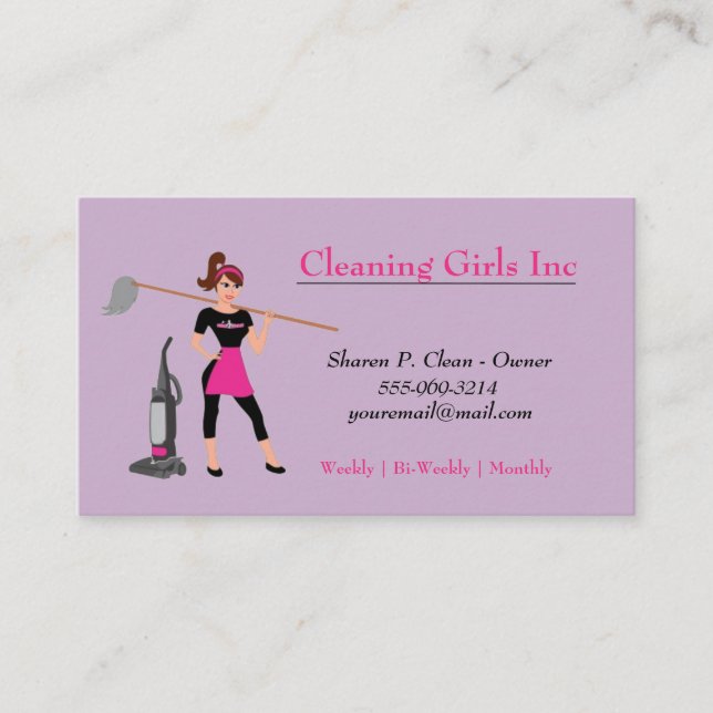 Purple Cartoon Girl & Mop House Cleaning Service Business Card (Front)