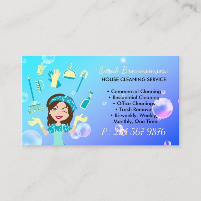 Purple Cartoon Maid House Cleaning Service Business Card (Front)