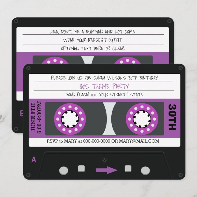 Purple Cassette Tape Retro 80s Birthday Party Invitation (Front/Back)