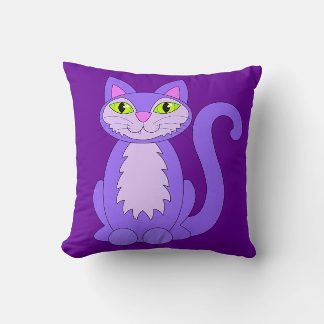 Purple Cat Cute Snaggletooth Kitty Pillow (Front)