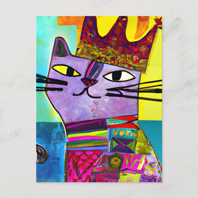 Purple Cat in a Crown Mixed Media Collage Postcard (Front)