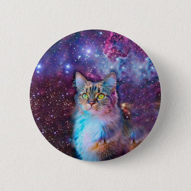 Purple cat in space 6 cm round badge (Front)