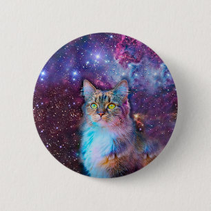 Purple cat in space 6 cm round badge