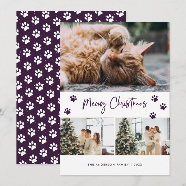 Purple Cat Owner Photo Meowy Christmas Card (Front/Back)