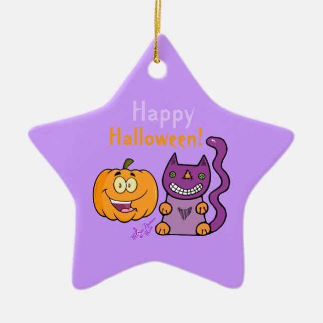 Purple Cat & Pumpkin Happy Halloween Star Ornament (Front)