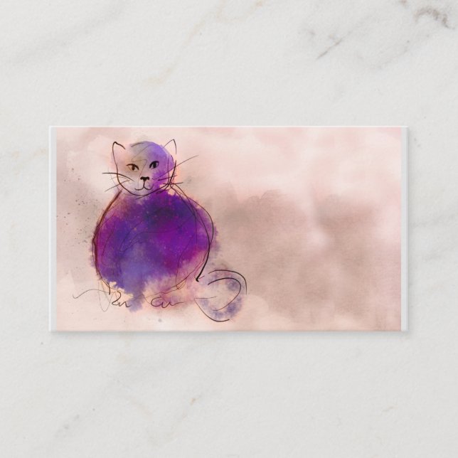 purple cat watercolor design whimsical artistic business card (Front)