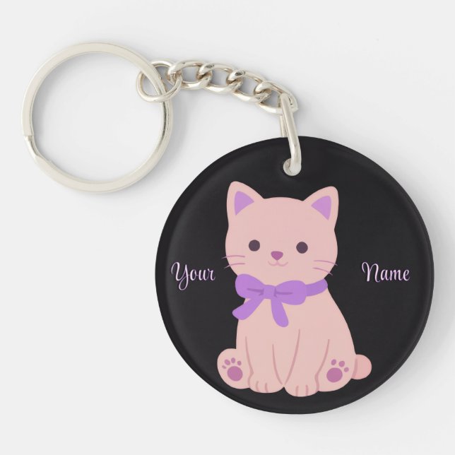 Purple Cat with Bow Cute Kawaii Custom Black Key Ring (Front)