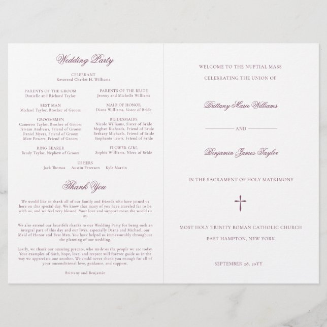 Purple Catholic Wedding Mass Ceremony Program (Front)