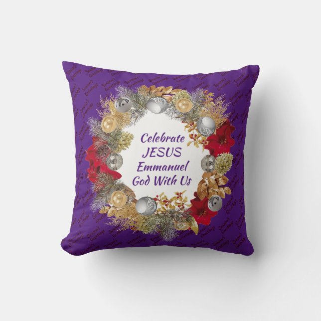 Purple CELEBRATE JESUS Christmas Wreath Cushion (Front)
