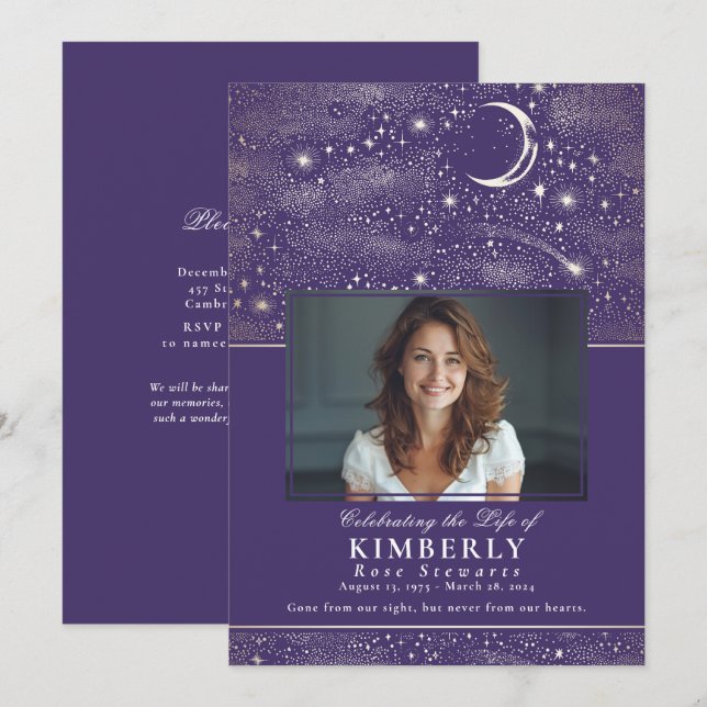 Purple Celebration of Life Funeral Memorial Photo Invitation (Front/Back)