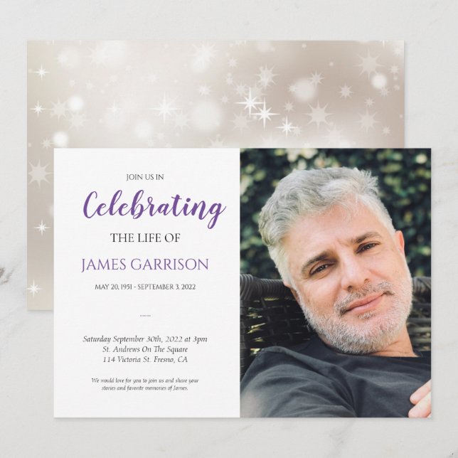 Purple Celebration of Life With Photo Funeral Invitation (Front/Back)