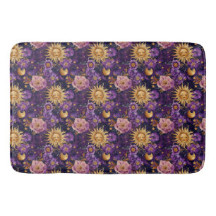 Purple Celestial Floral Sun Moon and Stars  Bath Mat