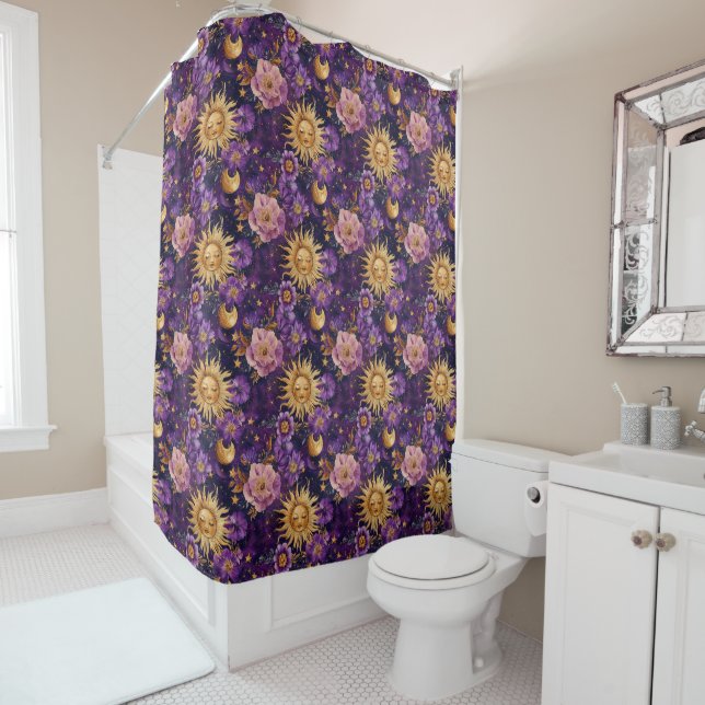 Purple Celestial Floral Sun Moon and Stars  Shower Curtain (In Situ)
