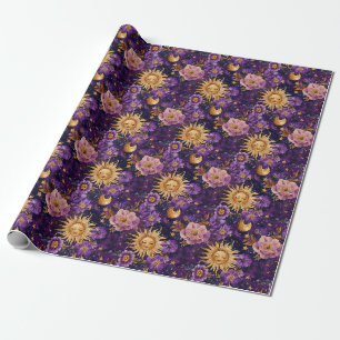 Purple Celestial Floral Sun Moon and Stars Wrapping Paper