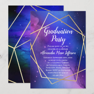 Purple Celestial Geometric Gold Graduation Party Invitation