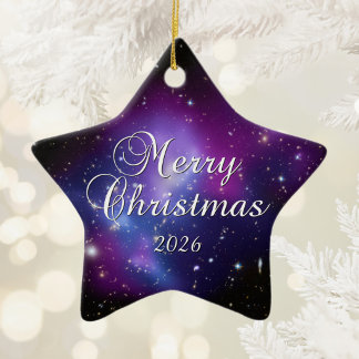 Purple Celestial Space Photo Merry Christmas Ceramic Tree Decoration