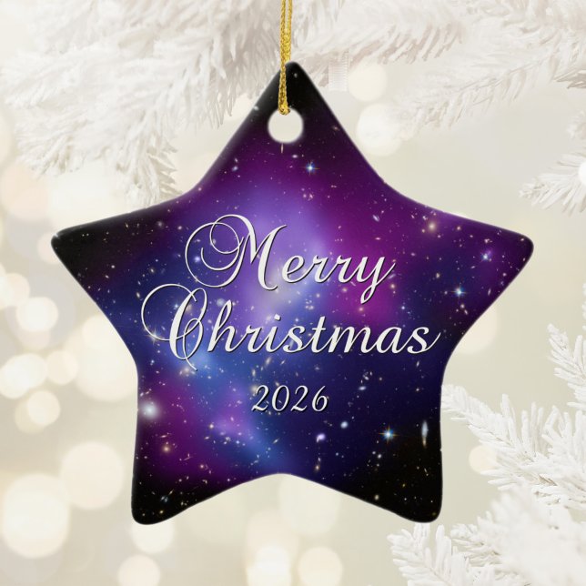 Purple Celestial Space Photo Merry Christmas Ceramic Tree Decoration (Purple Celestial Space Photo Merry Christmas Ceramic Ornament)