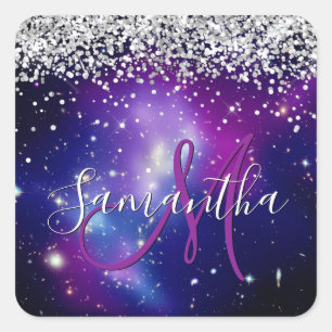 Purple Celestial Sparkly Silver Glitter Monogram Square Sticker