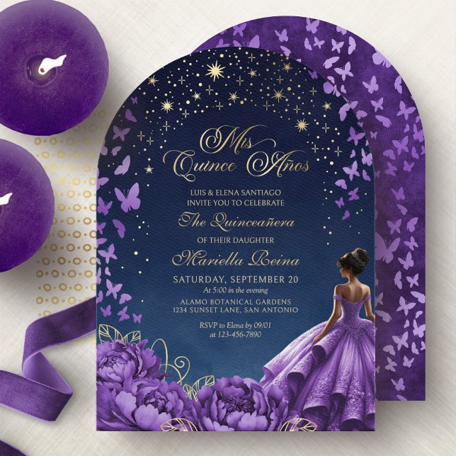 Purple Celestial Stars Floral Quinceanera Invitation (Creator Uploaded)