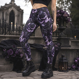 Purple Cemetery Roses Gothic Floral Leggings