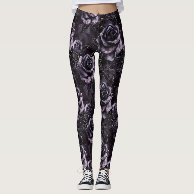 Purple Cemetery Roses Gothic Occult Leggings (Front)