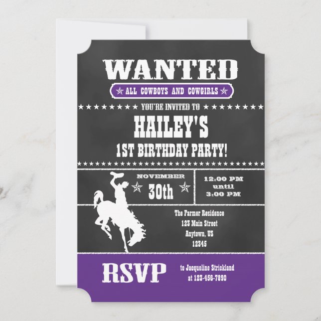 Purple Chalkboard Cowboy Birthday Invitation (Front)