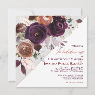 Purple Champagne Fall Floral Geometric Wedding Inv Invitation