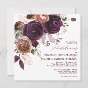 Purple Champagne Fall Floral Geometric Wedding Inv Invitation