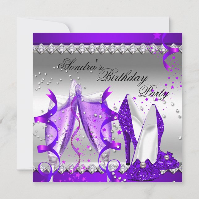 Purple Champagne Glitter Shoes Birthday Party Invitation (Front)