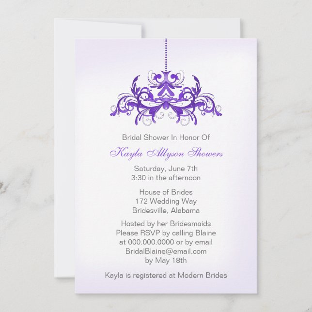 Purple Chandelier Custom Bridal Shower Invitations (Front)